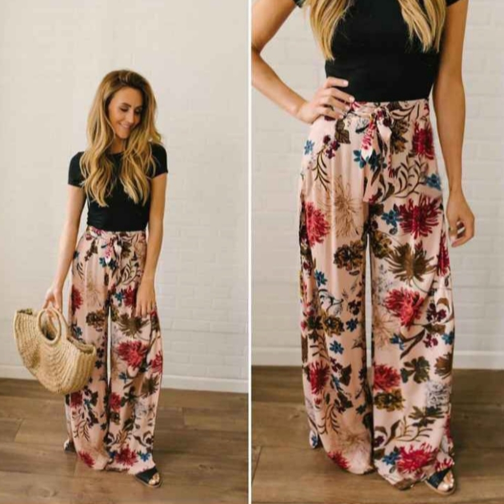 Wide Leg Floral Palazzo Pants - Pink Floral